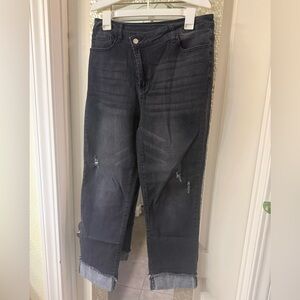 Asymmetrical wide leg crop distressed black jeans